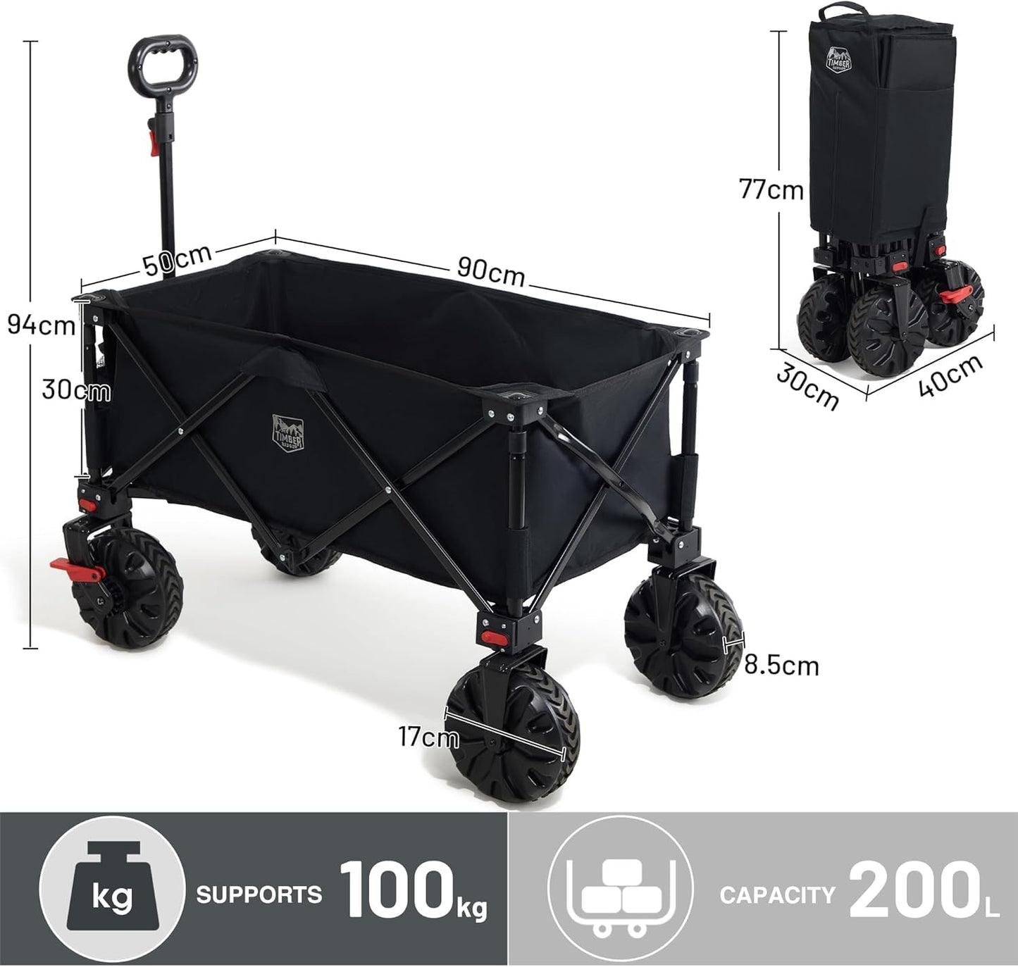 TIMBER RIDGE Folding Festival Trolley with Brakes – 200L Heavy-Duty Beach & Camping Cart, Adjustable Handle & Cover Bag, 100kg Capacity for Outdoor, Garden & Picnic Use