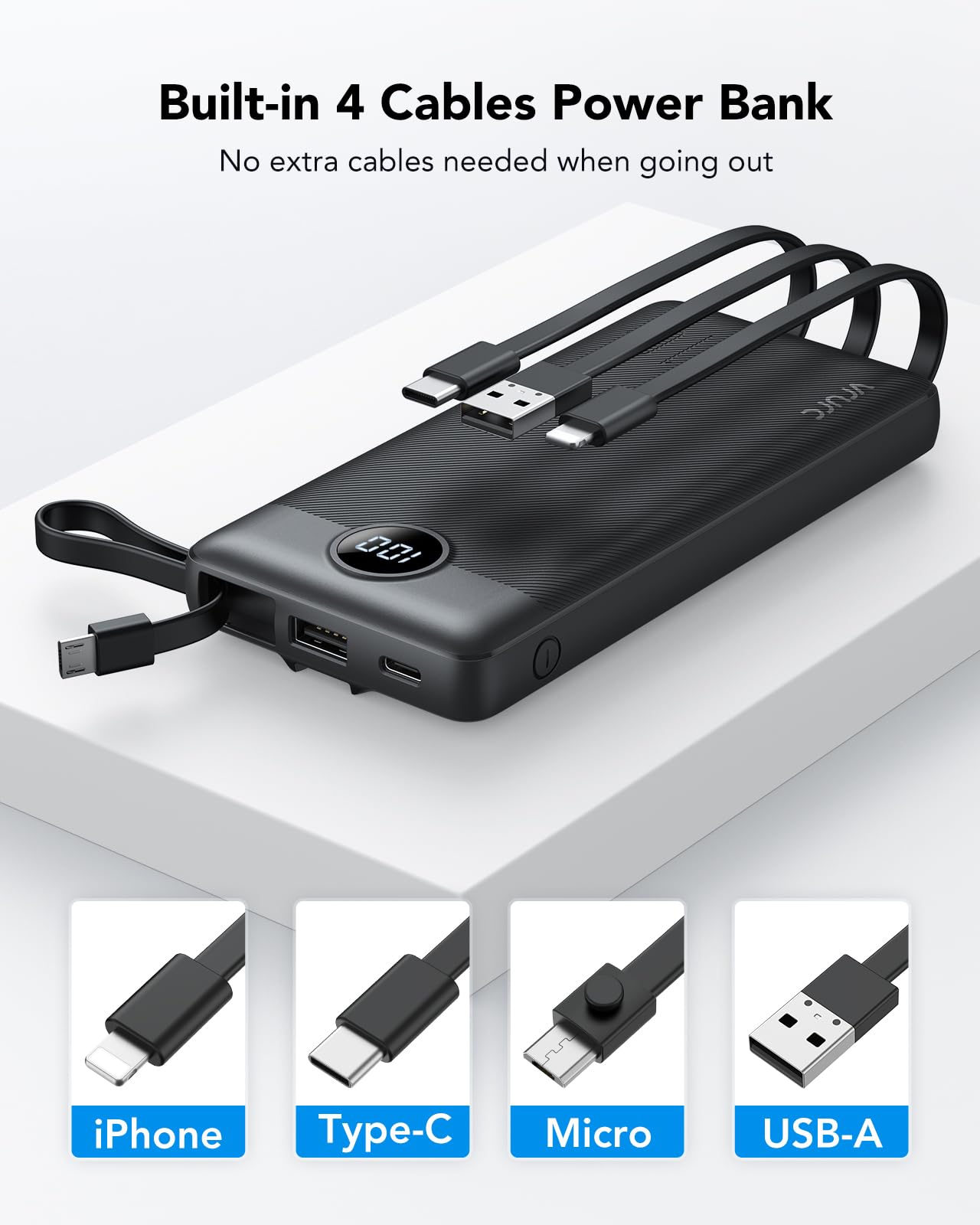 10000mAh Power Bank with Built-in Cables โ Portable Charger with 5 Outputs, 2 Inputs, LED Display, USB-C, Compatible with iPhone 16/15/14, Samsung S21/S20