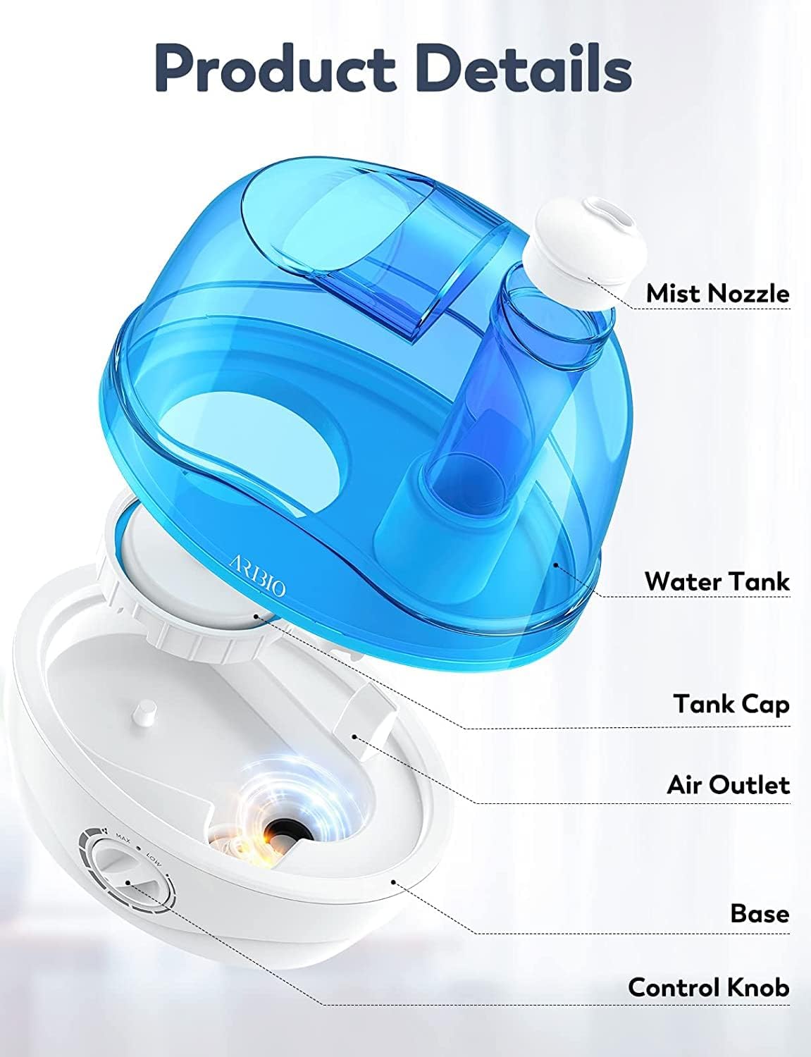 2.2L Humidifier for Bedroom and Baby Room with 28dB Quiet Operation, Air Cool Mist, 360° Rotation Nozzle, BPA-Free, Wide Mouth, Easy to Clean for Home, Office, and Baby