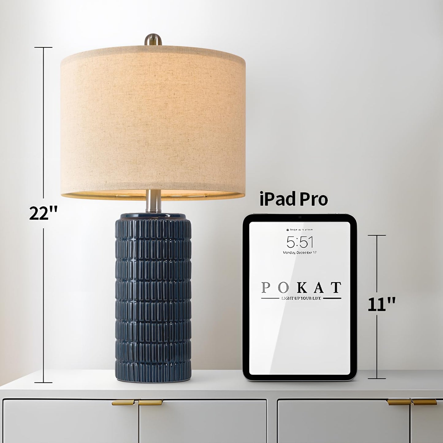 23" Blue Ceramic Table Lamps – Set of 2, Farmhouse Bedside Lamps for Bedroom, Living Room, End Tables & Nightstands
