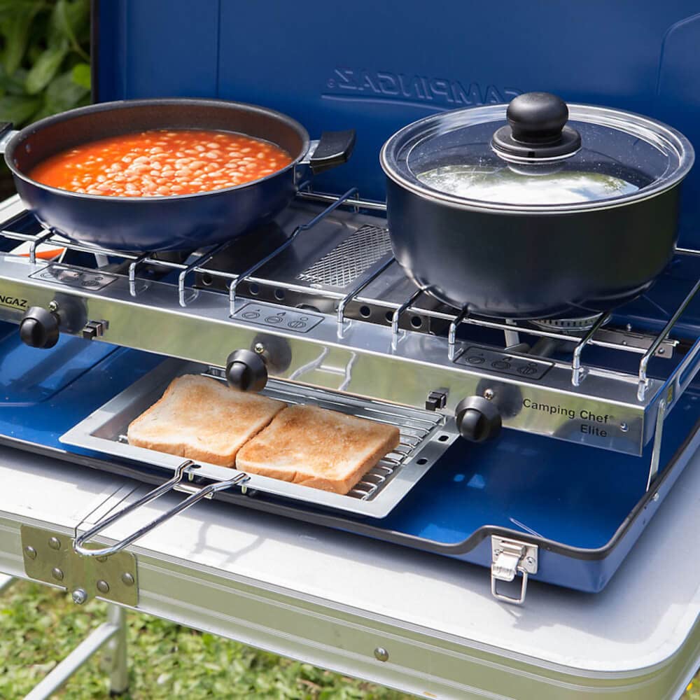 Campingaz Chef Folding Double Burner Stove & Grill - Compact Gas Cooker for Camping, Festivals & Outdoor Cooking, Blue