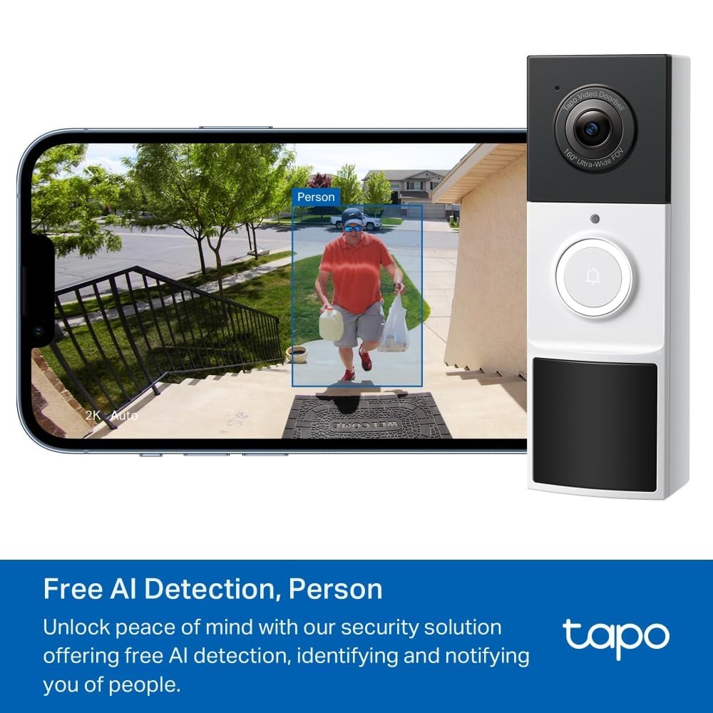Wireless Battery Video Doorbell 2K Ultra-Clear Camera with Ring Chime, Color Night Vision, 160° Ultra-Wide View, AI Detection, IP65 Weatherproof, 6-Month Battery Life, No Monthly Fee