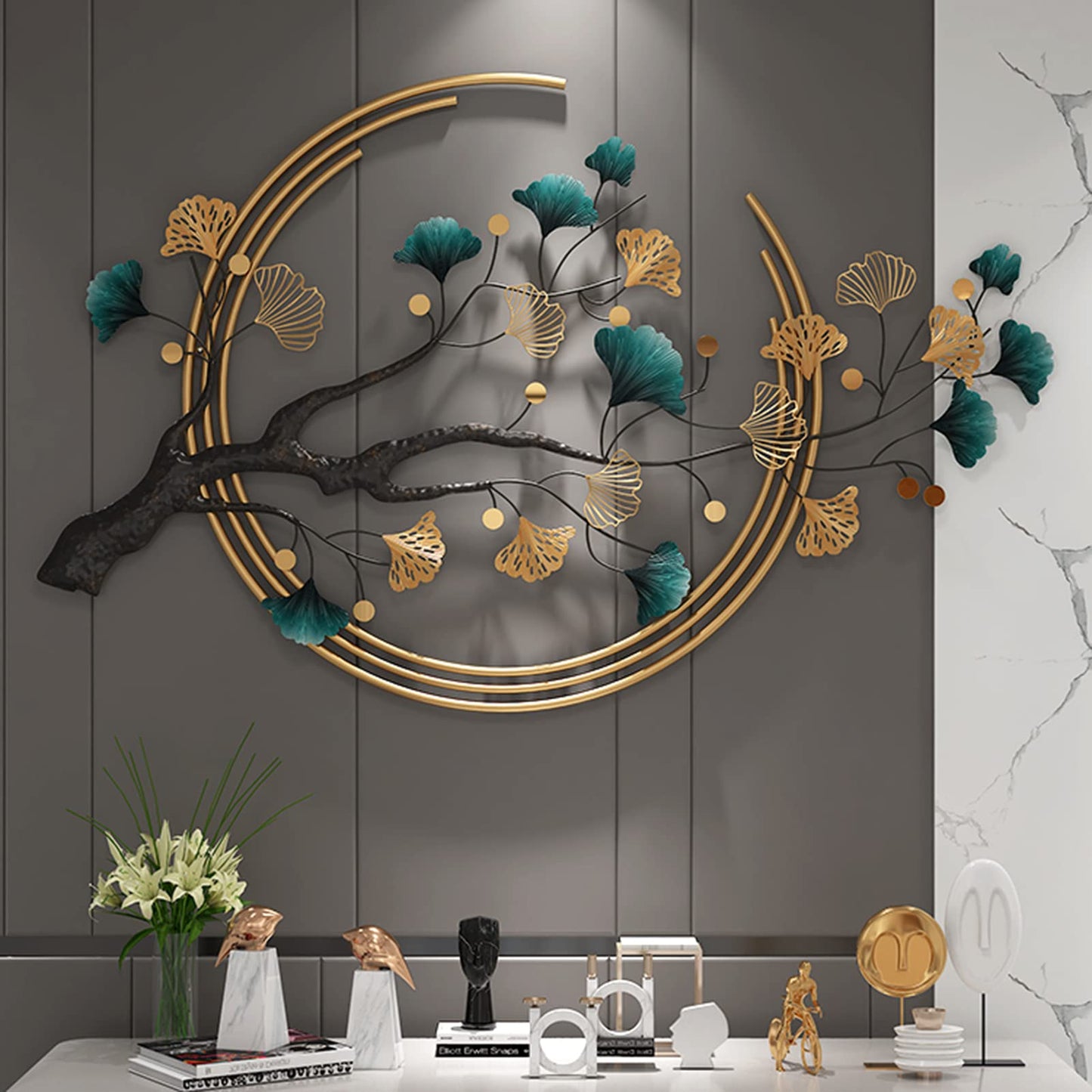 Luxury Metal Ginkgo Leaf Wall Art – Handmade Nature-Inspired Sculpture (110×68cm)