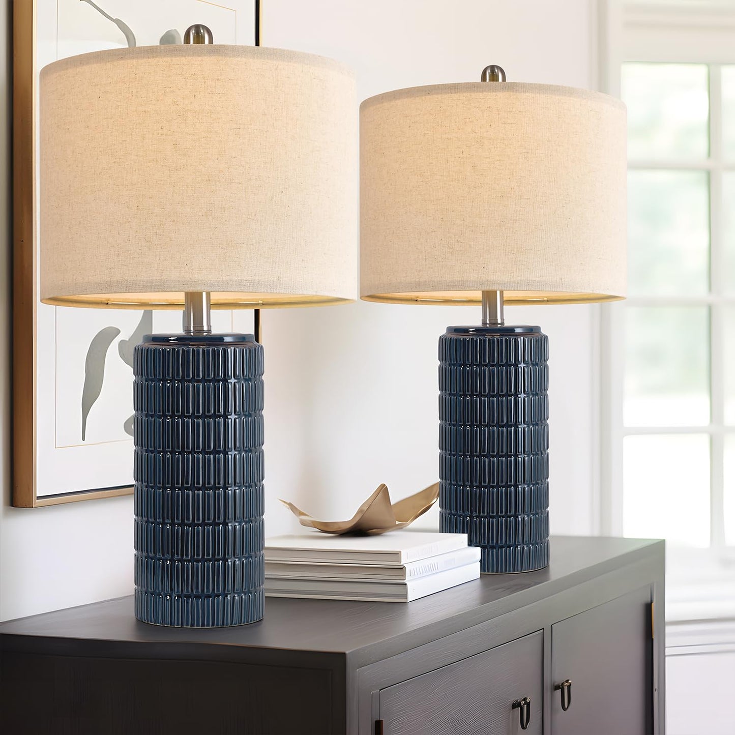 23" Blue Ceramic Table Lamps – Set of 2, Farmhouse Bedside Lamps for Bedroom, Living Room, End Tables & Nightstands