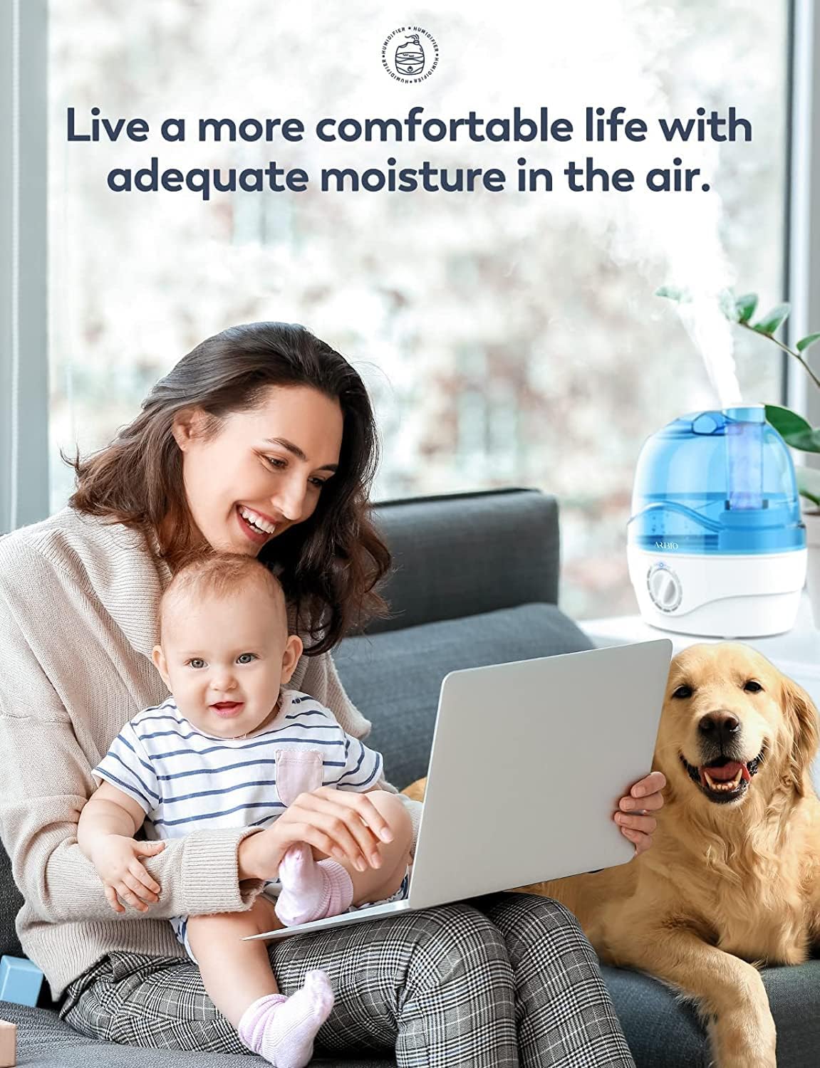 2.2L Humidifier for Bedroom and Baby Room with 28dB Quiet Operation, Air Cool Mist, 360° Rotation Nozzle, BPA-Free, Wide Mouth, Easy to Clean for Home, Office, and Baby