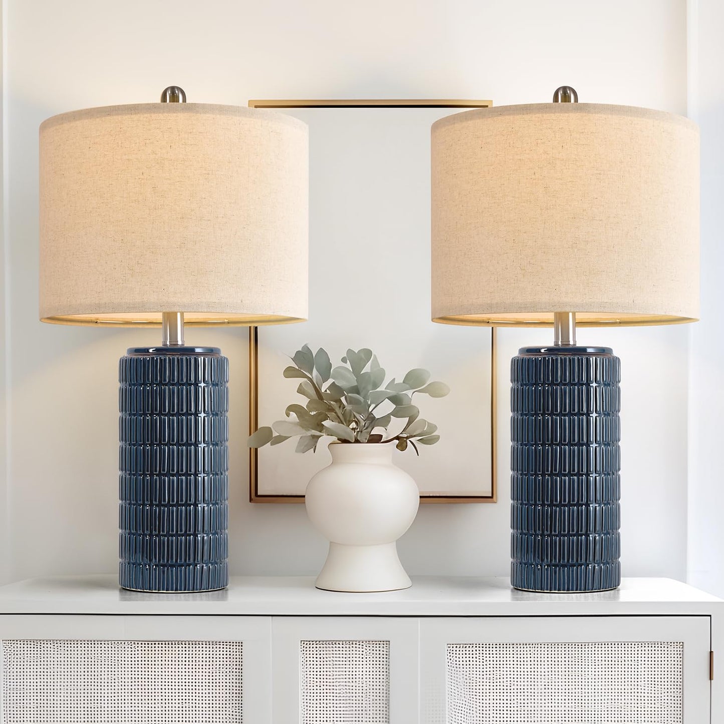 23" Blue Ceramic Table Lamps – Set of 2, Farmhouse Bedside Lamps for Bedroom, Living Room, End Tables & Nightstands