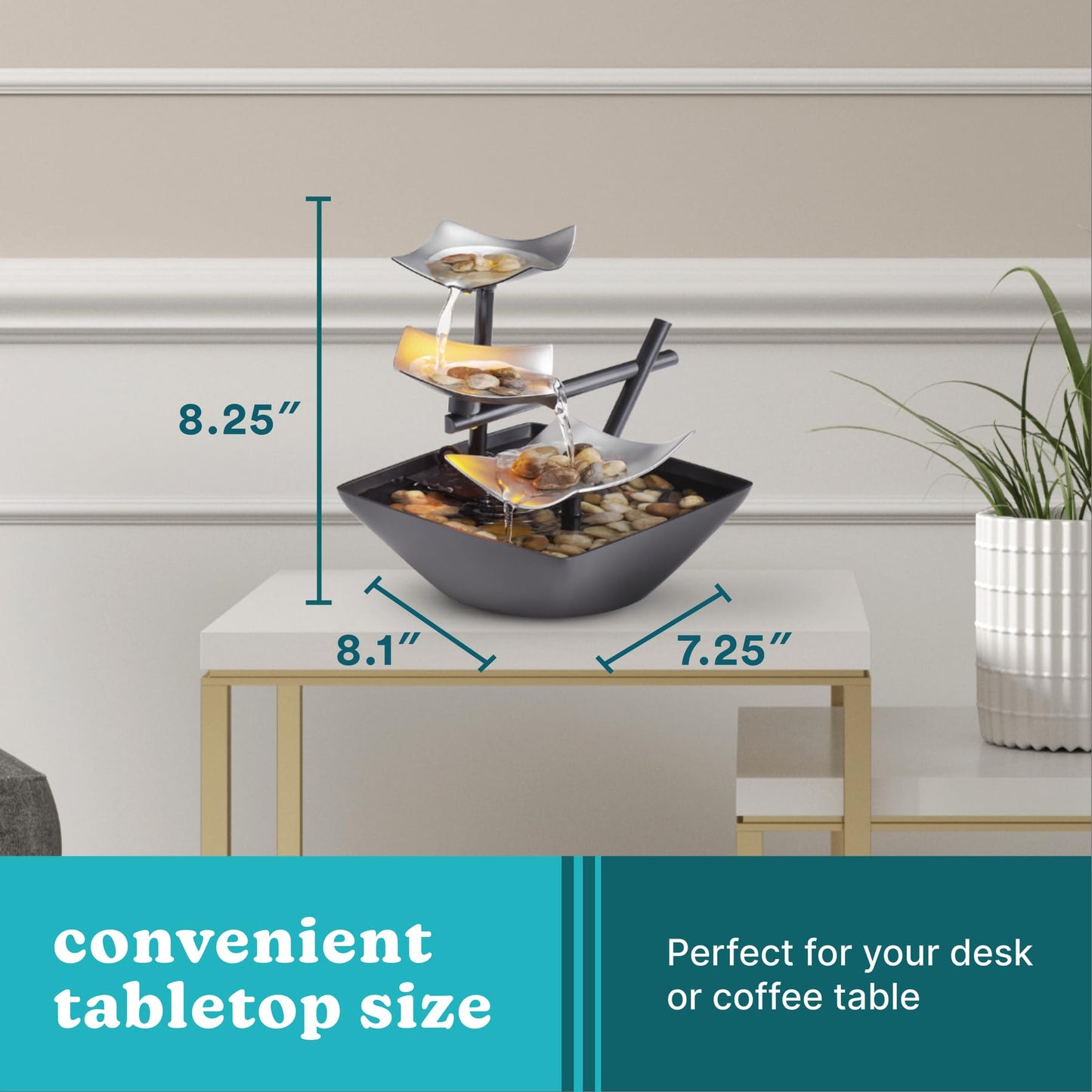 Tabletop Water Fountain with LED Lighting – Indoor Zen Décor with Pump & River Rocks (8.25")