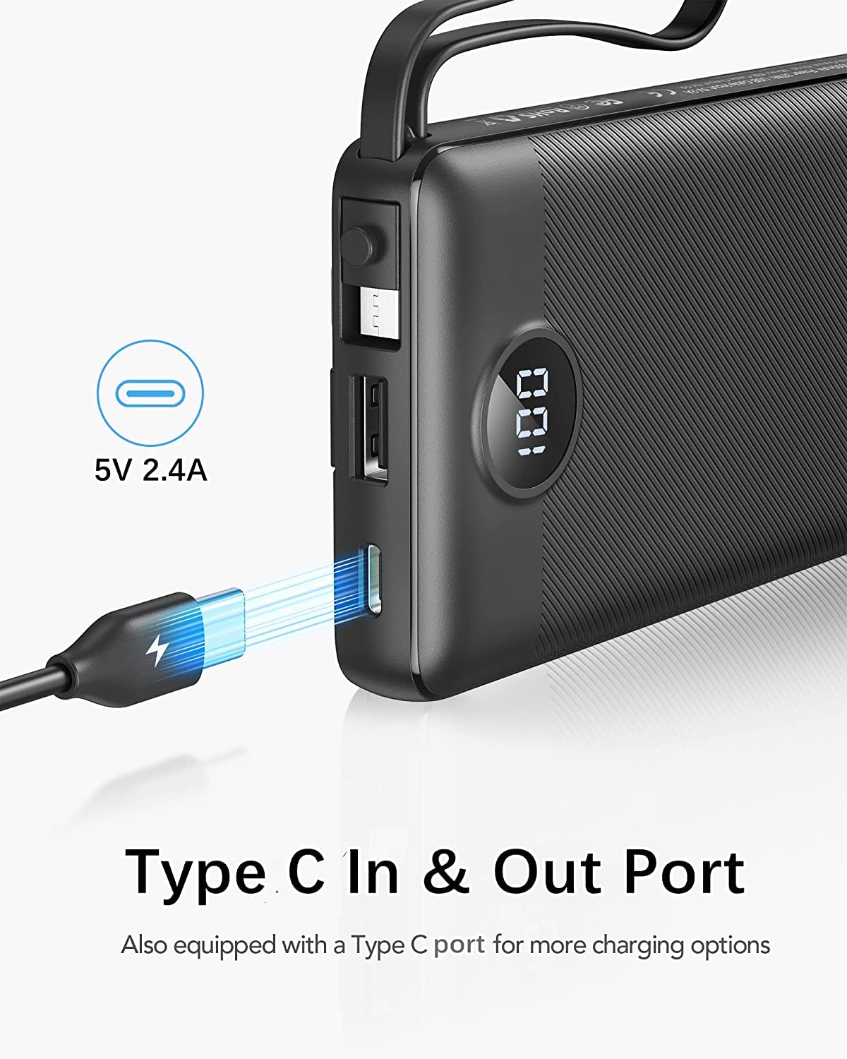 10000mAh Power Bank with Built-in Cables โ Portable Charger with 5 Outputs, 2 Inputs, LED Display, USB-C, Compatible with iPhone 16/15/14, Samsung S21/S20