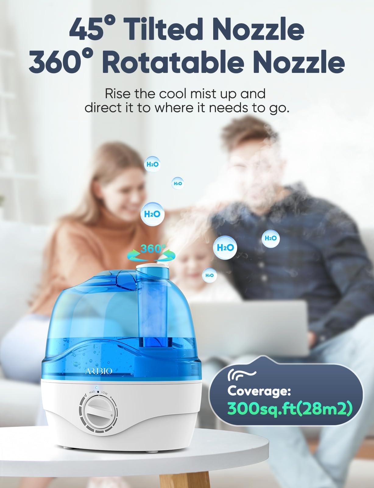 2.2L Humidifier for Bedroom and Baby Room with 28dB Quiet Operation, Air Cool Mist, 360° Rotation Nozzle, BPA-Free, Wide Mouth, Easy to Clean for Home, Office, and Baby