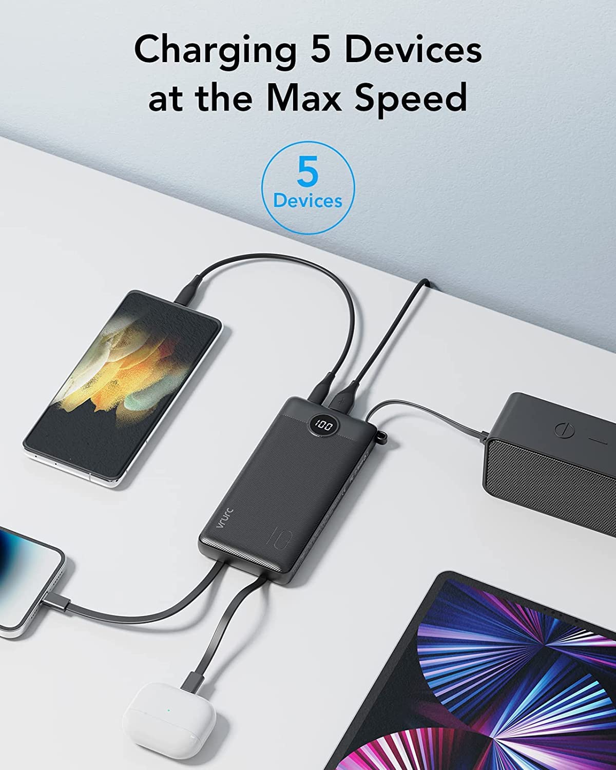 10000mAh Power Bank with Built-in Cables โ Portable Charger with 5 Outputs, 2 Inputs, LED Display, USB-C, Compatible with iPhone 16/15/14, Samsung S21/S20