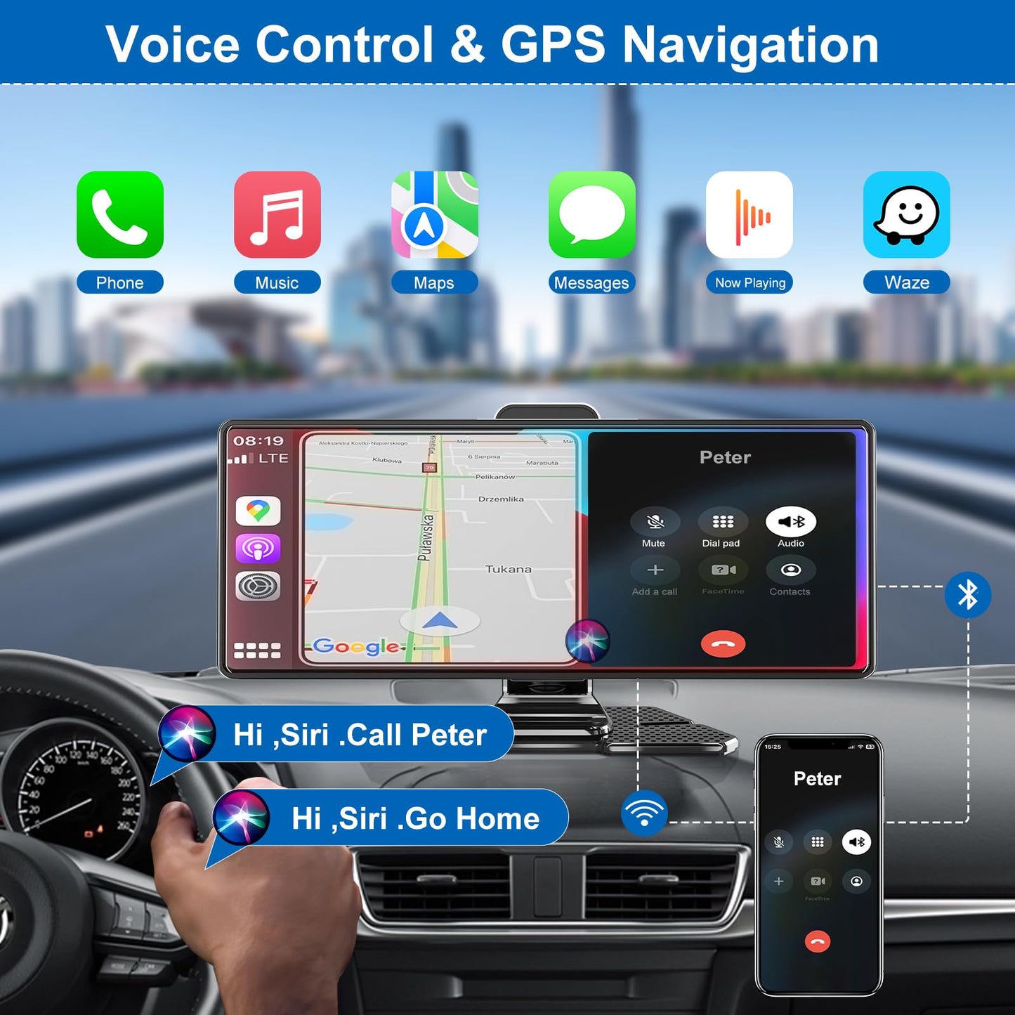 Wireless Car Stereo with Apple CarPlay and Android Auto, 4K Front Dash Cam, 10.26" Touch Screen CarPlay Radio, Loop Recording, 1080P Rear Camera, Mirror Link, GPS Navigation, Bluetooth, 64GB TF, Siri, FM Radio
