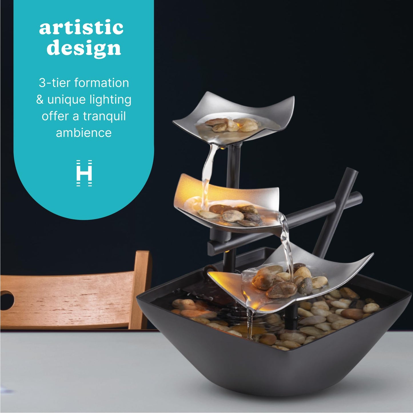 Tabletop Water Fountain with LED Lighting – Indoor Zen Décor with Pump & River Rocks (8.25")