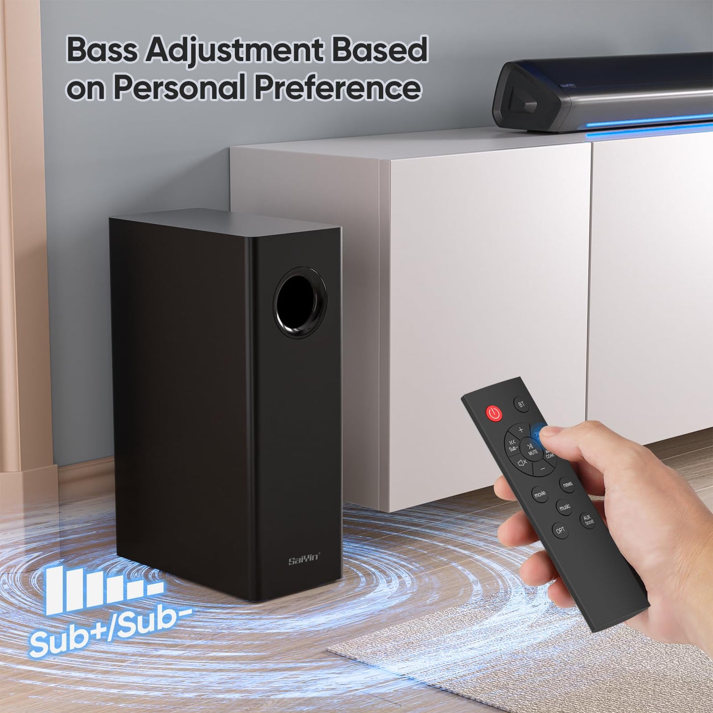 17-inch TV Soundbar - 2.1 Channel Surround Sound System with Adjustable Bass, Volume Indicator, and Bluetooth/Optical/AUX Input for PC and Projector