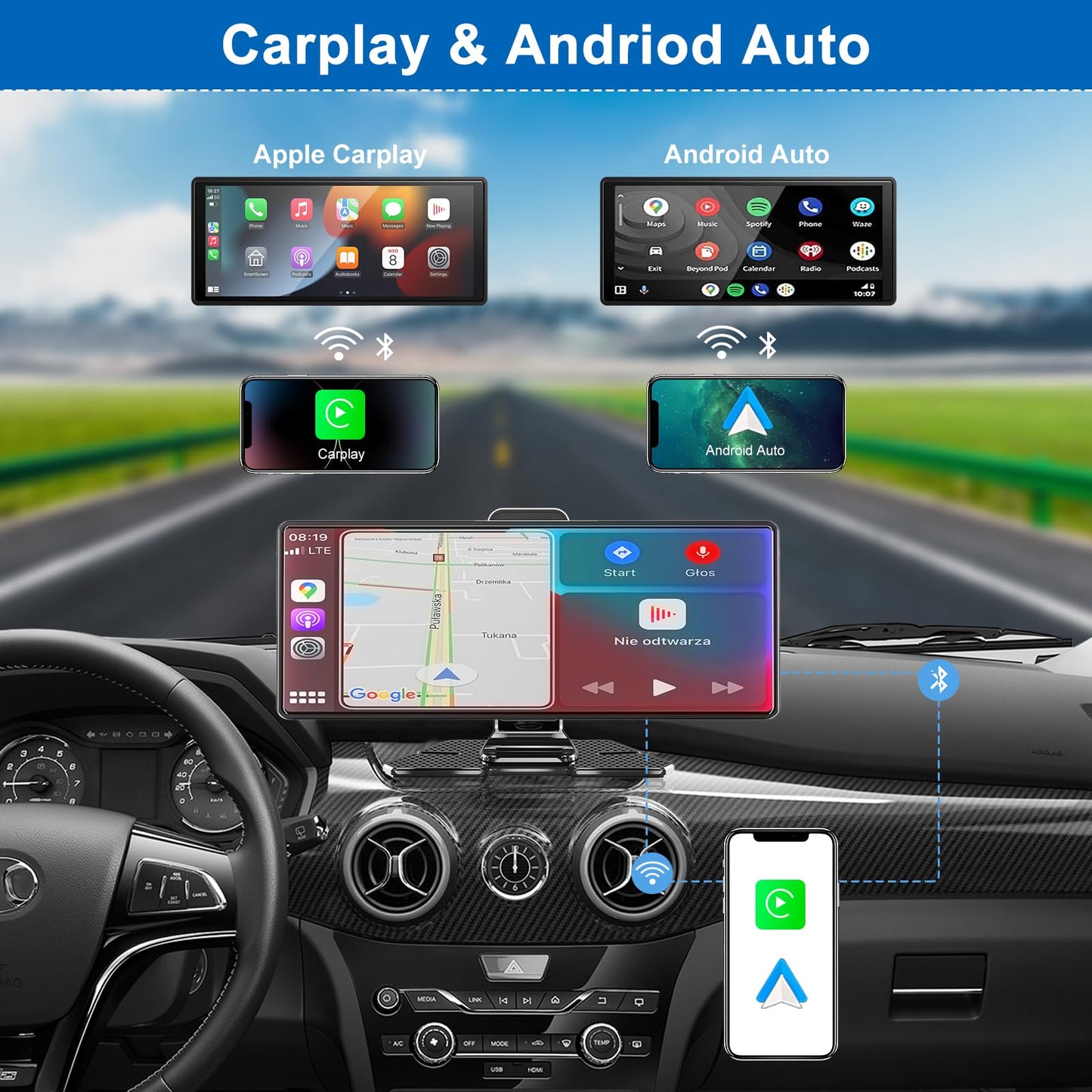 Wireless Car Stereo with Apple CarPlay and Android Auto, 4K Front Dash Cam, 10.26" Touch Screen CarPlay Radio, Loop Recording, 1080P Rear Camera, Mirror Link, GPS Navigation, Bluetooth, 64GB TF, Siri, FM Radio