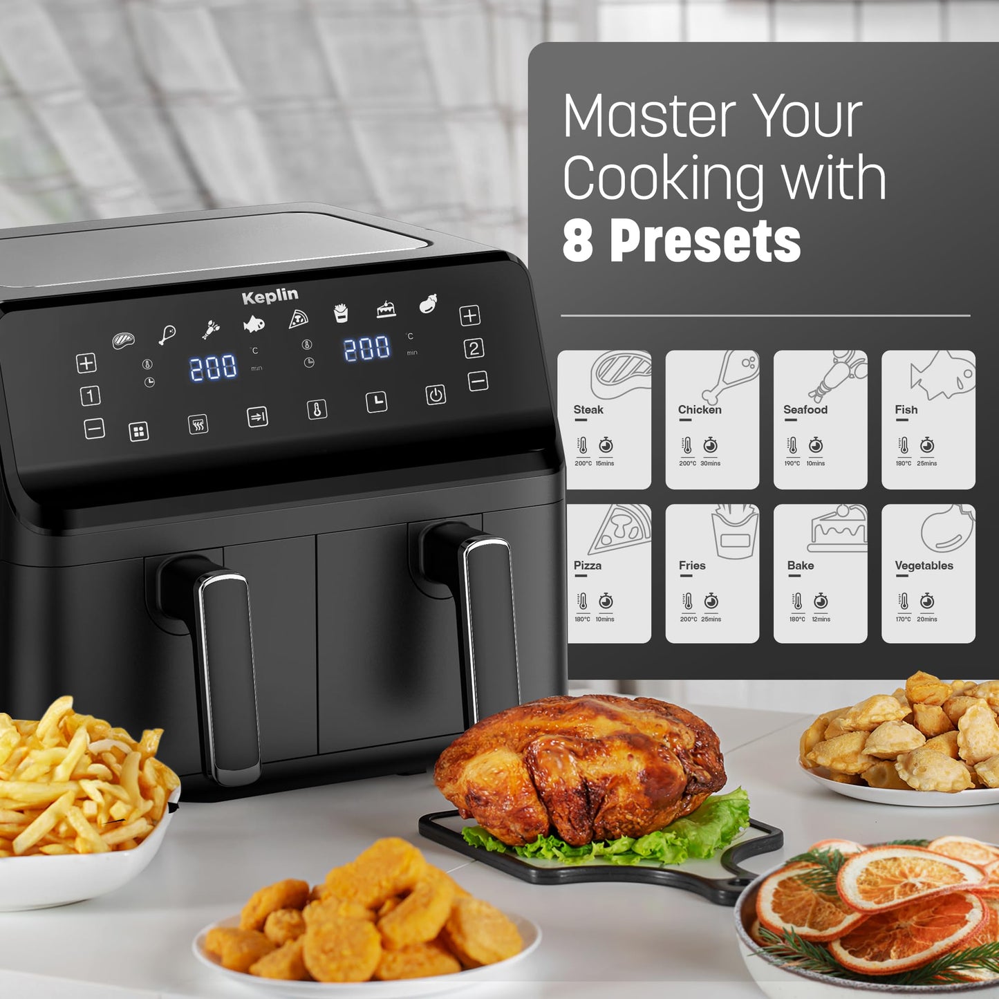 9L Dual Zone Air Fryer – 2700W Energy-Saving Cooker with 6 Cooking Functions, Extra-Large Capacity for Healthy Meals, Roast, Bake, Dehydrate, Crisp – Family Size (9L)