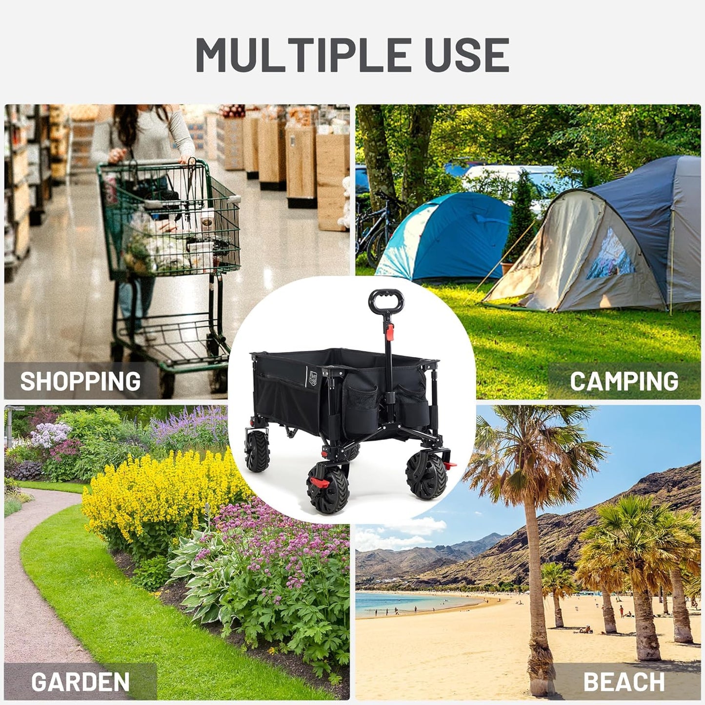 TIMBER RIDGE Folding Festival Trolley with Brakes – 200L Heavy-Duty Beach & Camping Cart, Adjustable Handle & Cover Bag, 100kg Capacity for Outdoor, Garden & Picnic Use