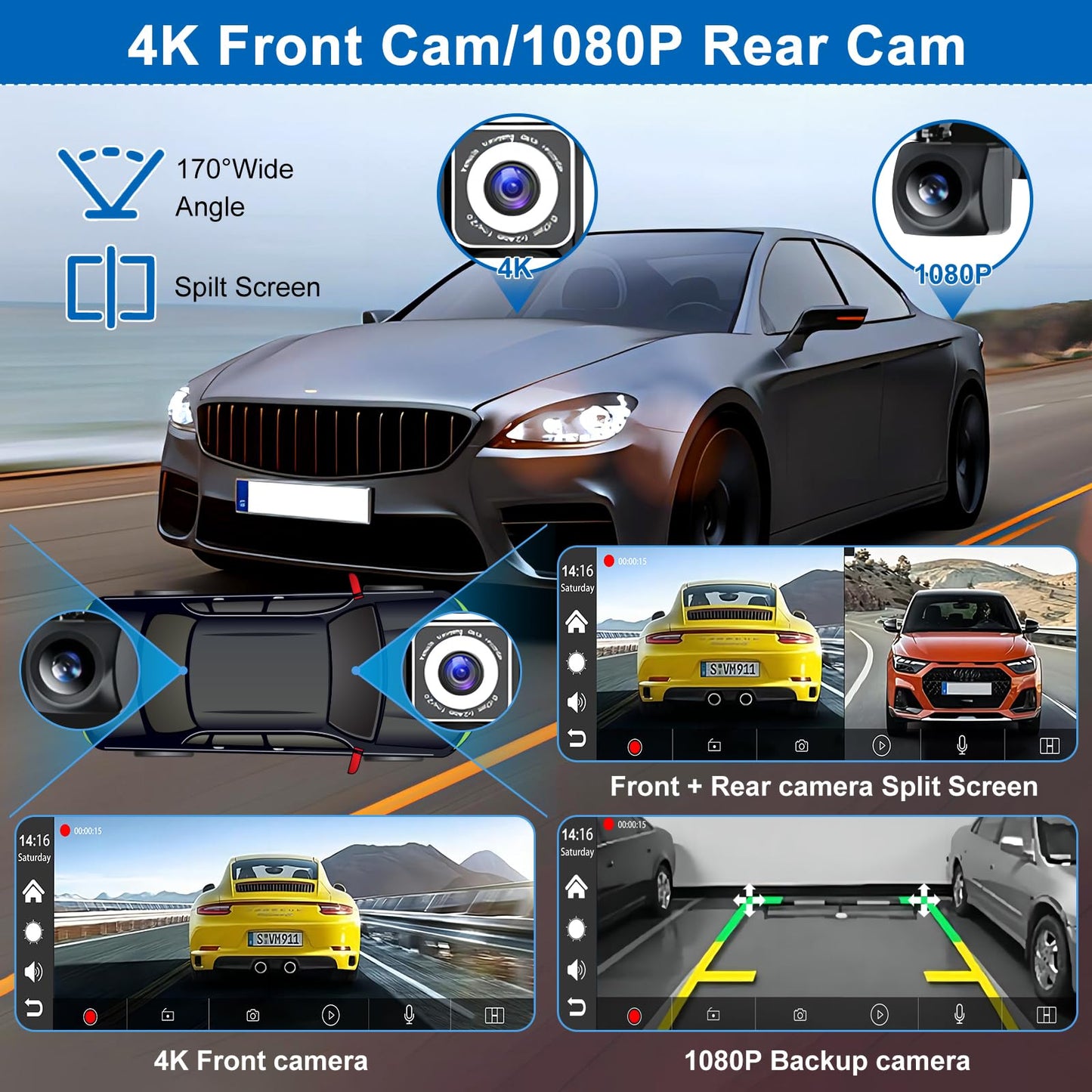 Wireless Car Stereo with Apple CarPlay and Android Auto, 4K Front Dash Cam, 10.26" Touch Screen CarPlay Radio, Loop Recording, 1080P Rear Camera, Mirror Link, GPS Navigation, Bluetooth, 64GB TF, Siri, FM Radio