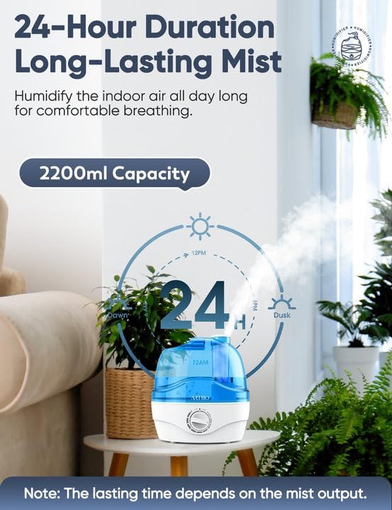 2.2L Humidifier for Bedroom and Baby Room with 28dB Quiet Operation, Air Cool Mist, 360° Rotation Nozzle, BPA-Free, Wide Mouth, Easy to Clean for Home, Office, and Baby