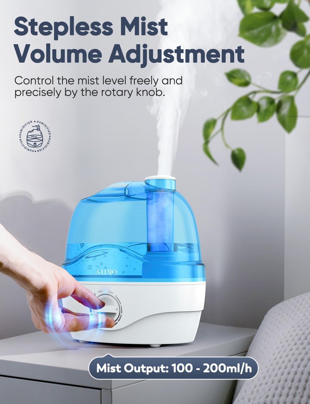 2.2L Humidifier for Bedroom and Baby Room with 28dB Quiet Operation, Air Cool Mist, 360° Rotation Nozzle, BPA-Free, Wide Mouth, Easy to Clean for Home, Office, and Baby