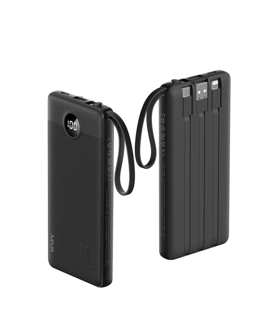 10000mAh Power Bank with Built-in Cables – Portable Charger with 5 Outputs, 2 Inputs, LED Display, USB-C, Compatible with iPhone 16/15/14, Samsung S21/S20