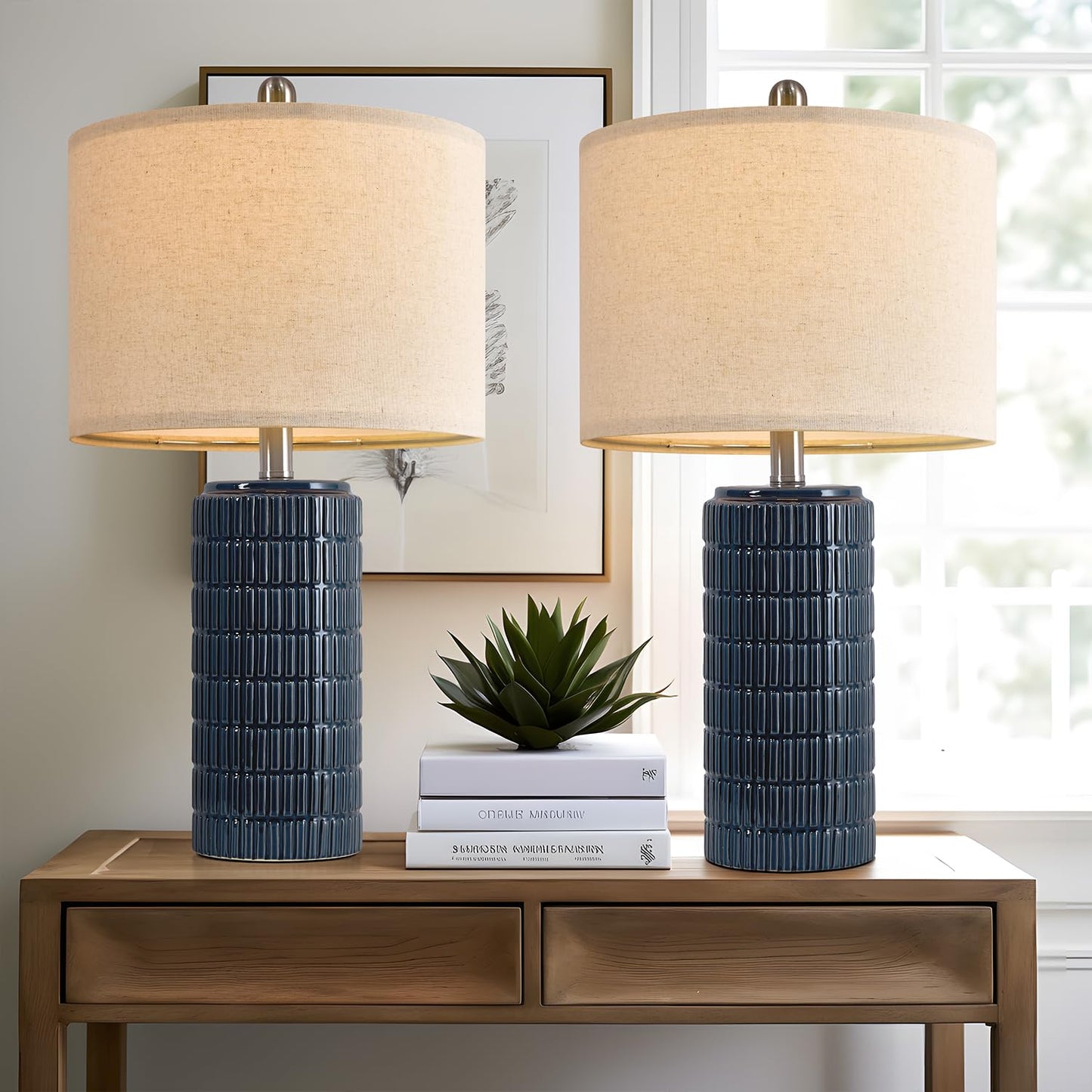 23" Blue Ceramic Table Lamps – Set of 2, Farmhouse Bedside Lamps for Bedroom, Living Room, End Tables & Nightstands