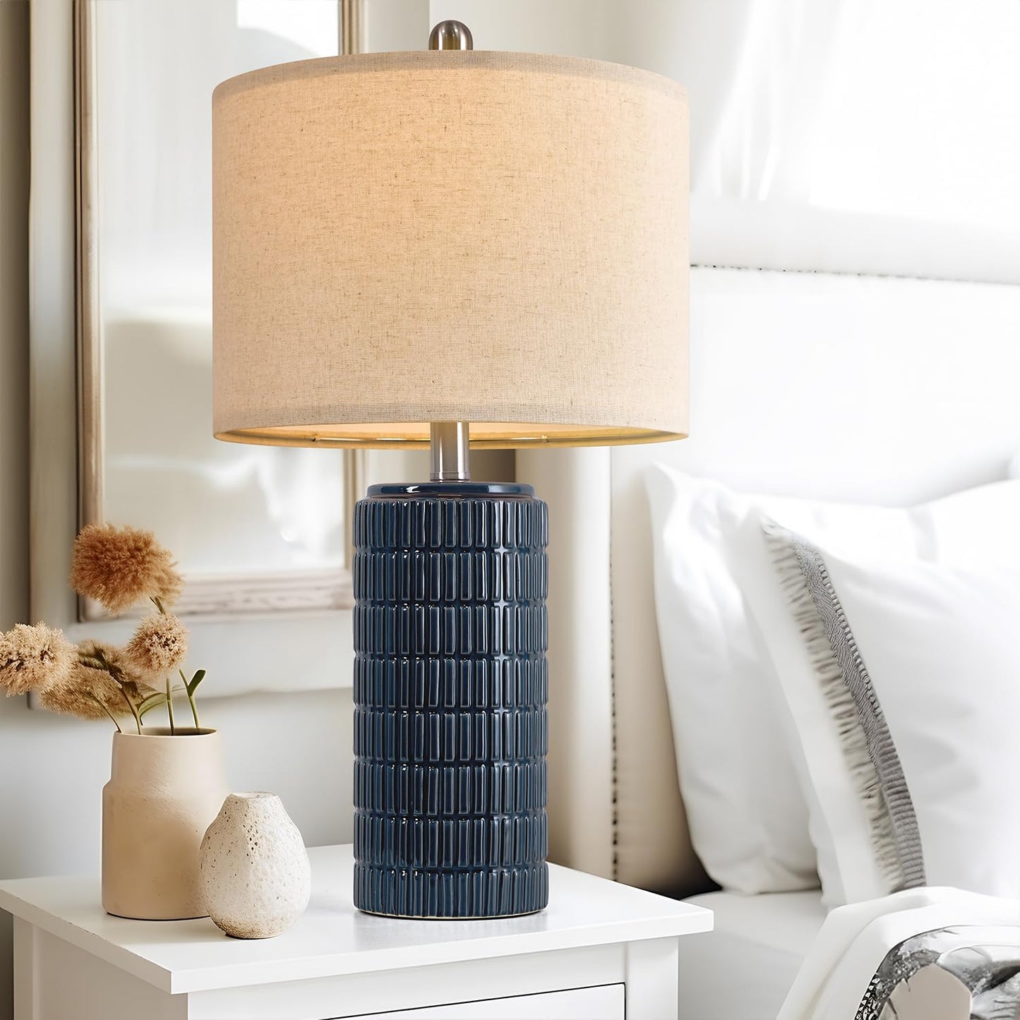 23" Blue Ceramic Table Lamps – Set of 2, Farmhouse Bedside Lamps for Bedroom, Living Room, End Tables & Nightstands