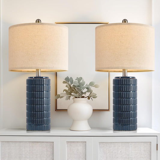 23" Blue Ceramic Table Lamps – Set of 2, Farmhouse Bedside Lamps for Bedroom, Living Room, End Tables & Nightstands