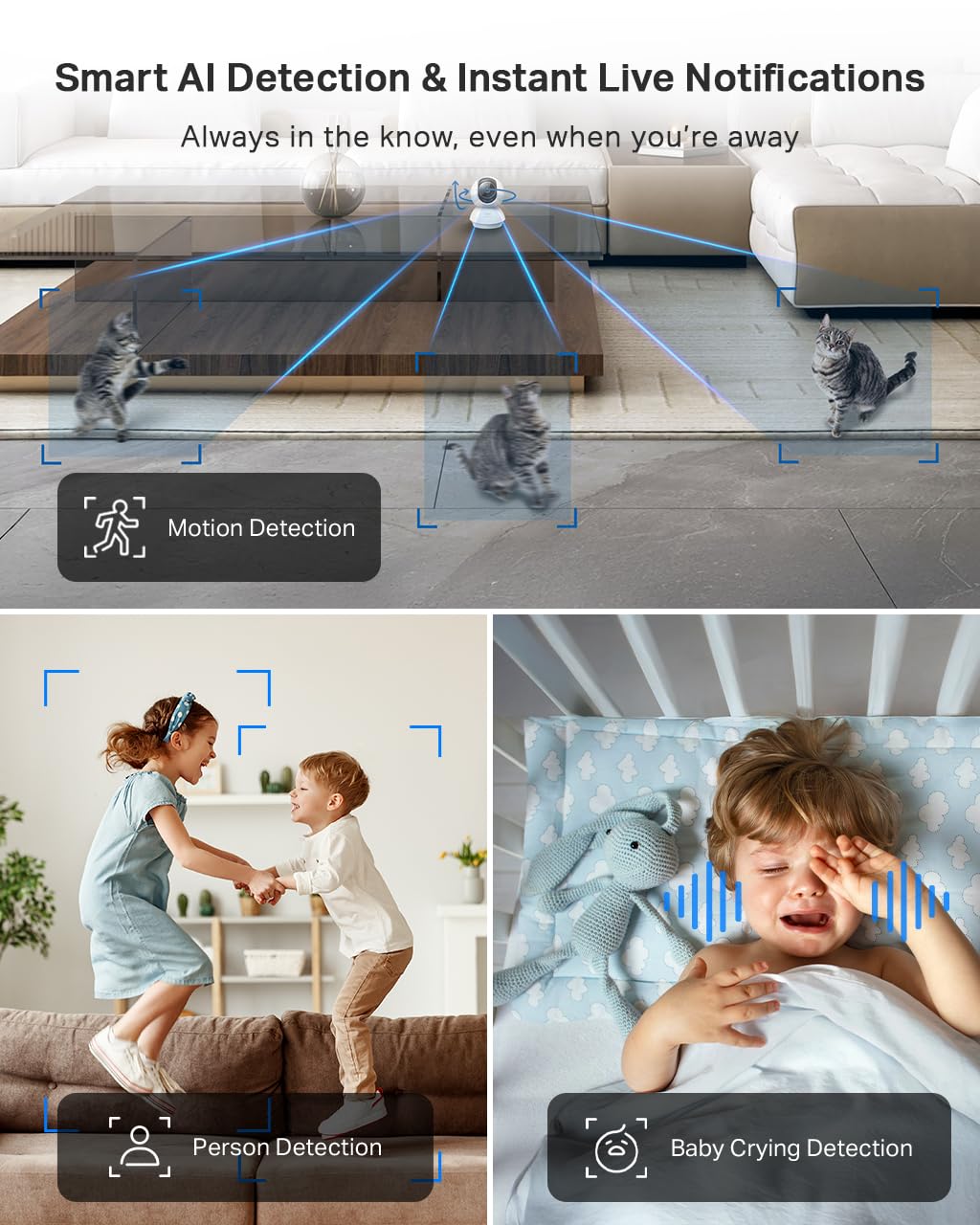 2K 3MP Indoor WiFi Security Camera with Pan Tilt, Motion Tracking, AI Detection, Two-Way Audio, Night Vision, Baby and Pet Monitoring, Works with Alexa and Google