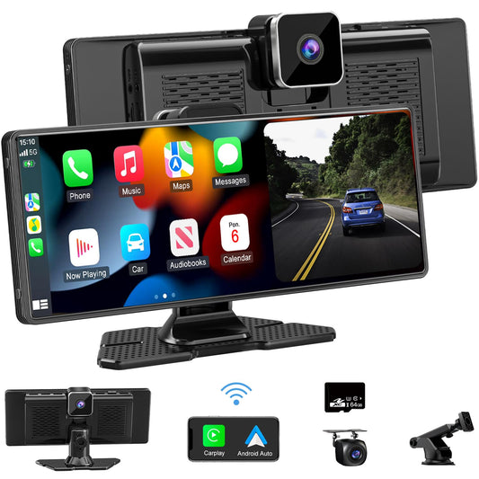 Wireless Car Stereo with Apple CarPlay and Android Auto, 4K Front Dash Cam, 10.26" Touch Screen CarPlay Radio, Loop Recording, 1080P Rear Camera, Mirror Link, GPS Navigation, Bluetooth, 64GB TF, Siri, FM Radio