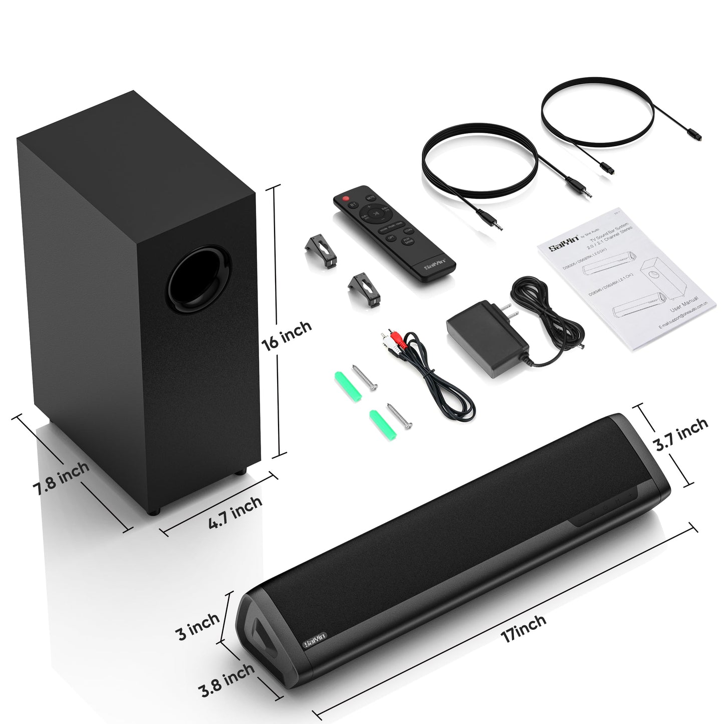17-inch TV Soundbar - 2.1 Channel Surround Sound System with Adjustable Bass, Volume Indicator, and Bluetooth/Optical/AUX Input for PC and Projector