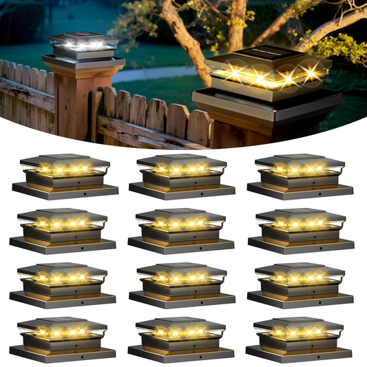 Solar Post Cap Lights Outdoor – 12 Pack, 2 Color Modes (Warm White & Cool White), Waterproof Fence Post Lights for 4x4, 5x5, 6x6 Vinyl/Wooden Posts, Black